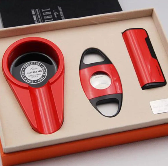 Ashtray Cutter and Lighter 3 Pieces Combo set Red